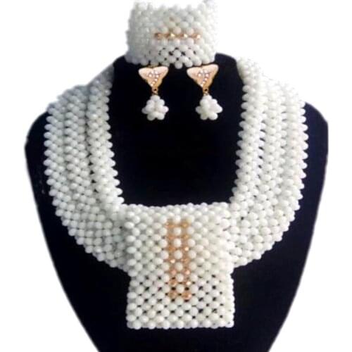 Dudo African Beads Jewelry Set In White and Gold Nigerian Necklaces For Women Big Dubai Jewellery Set 2018 Free Shipping Bridal
