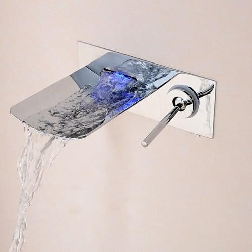 Wall Mounted Bathroom Sink Faucet LED Waterfall Bath Mixer Tap Temperature Control LED Faucet Chrome Black Finished