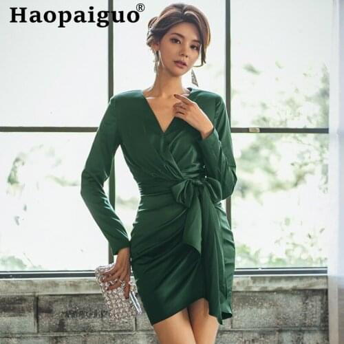 Big Size Sheath Package Hip Draped Green Dress Women Long Sleeve Corset Mini Dress Women with Sashes Solid Casual Elegant Dress