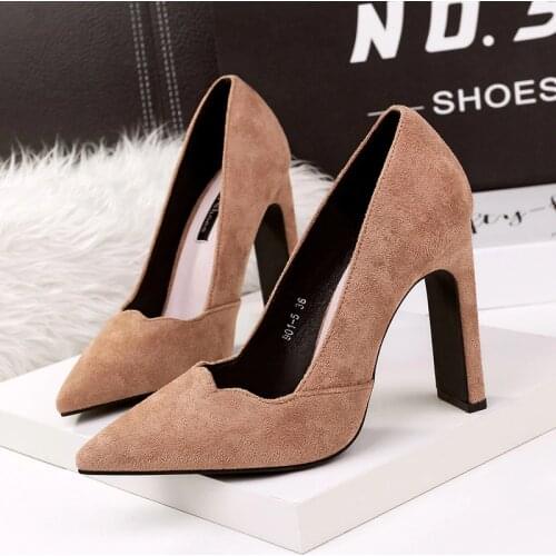 Women Shoe 10.5CM Thick Heel Woman Flock High Heels Women Pumps Ladies Office Shoes Pointed Toe Summer Heels