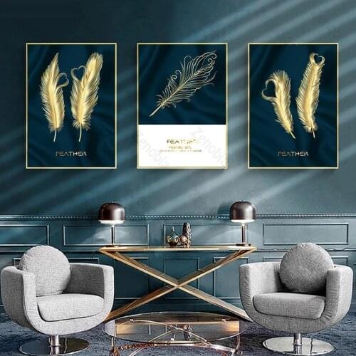 Home Decoration Golden Feather Painting Art Wall Canvas Painting Nordic Poster and Printing Pictures for Living Room Bedroom