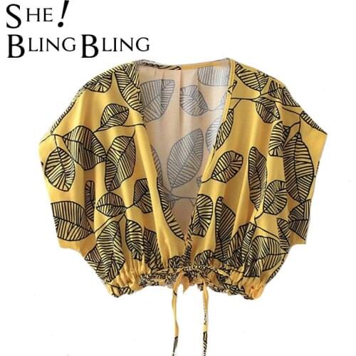 SheBlingBling Leaf Print Summer Fashion Women Blouse Deep V Neck Batwing Sleeve Drawstring Tie Hem Casual Beach Crop Tops Female
