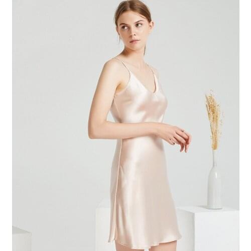 100% Silk Spaghetti Strap Dress V Neck Length 8 Colors Nightgowns Women Summer Skirt Home Nightclothe Elegant Style All Season