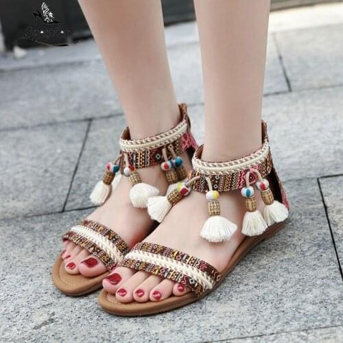 Sgesvier Women Shoes Summer Bohemia Tassel Tassels Women Casual Flat Shoes Peep Toe Sandals Back Zipper Slipper Plus Size 42