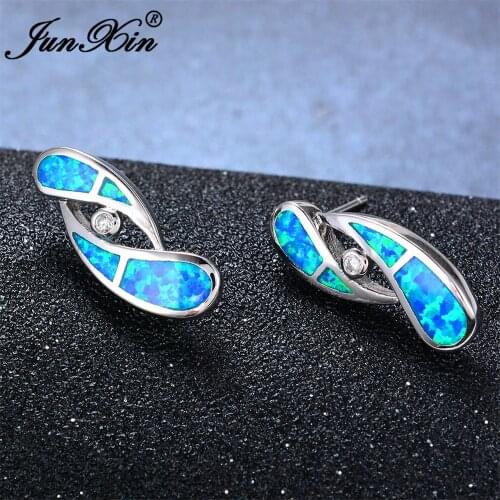 JUNXIN Geometric Design Blue Fire Opal Earring Female Stud Earrings Silver Color Double Sided Earrings For Women