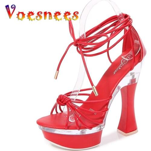 Voesnees Party Shoes Transparent Square Heel Ankle Strap Super High Womens Shoes Summer Sandals Platform High Heels Tie Lace-up