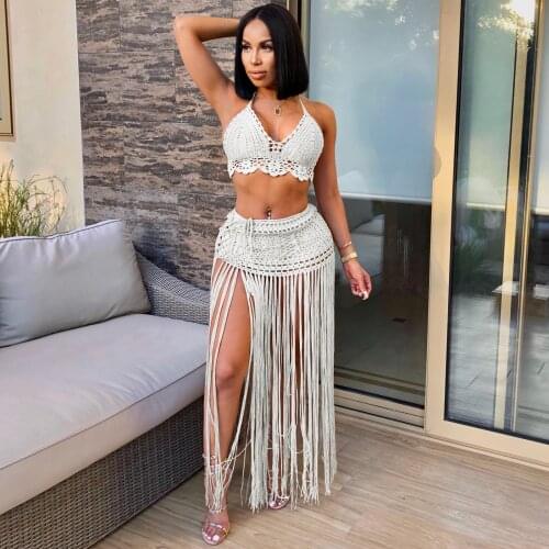 2021 New Arrival Famous Brand 2 pcs Women Set Solid Bandage Tassel Strapless Short Tops Mini Dress Summer Beach Outfits