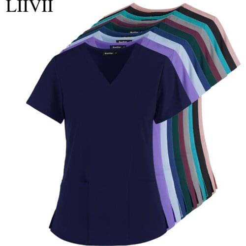 Unisex Elastic Breathable Spandex Medical Accessorie Beauty Salon Fashion Slim Fit Top Scrub Short Sleeve Women Summer Lab Coat