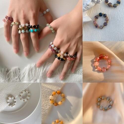 2021 New Fashion Natural Stone Rings with Stainless Steel Beads Romantic Flower Shape Ring for Women Handmade Jewelry Adjustable