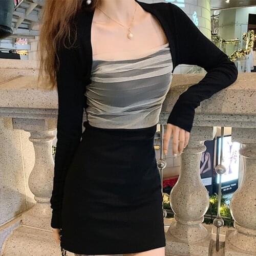 Wenfly Womens Hepburn Mesh Patchwork Square Collar Elastic Dress SlimLong Sleeve Buttock Bodycon Female A-line Sress