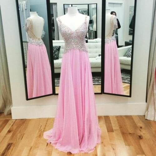 Elegant A-Line Long Beaded Pink Prom Dress with Pockets Sweep Train Chiffon V-Neck Pleated Abendkleid Robes de Soirée for Women