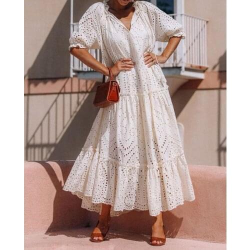 Ordifree 2021 Summer Boho Women Maxi Dress Vintage Hollow Out White Lace Tunic Beach Dress