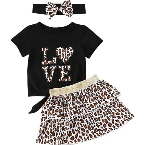 3PCS Children Leopard Print Outfit Girls 6M-5T Short Sleeve Round Neck Strappy T-shirt Layered Skirt Bow Headband