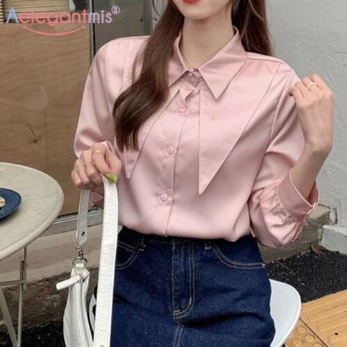 Aeleagntmis Vintage Pink Office Lady Women Solid Soft Blouse Shirt 2021 Spring Elegant Chic Long Sleeve Female Blouse Shirts
