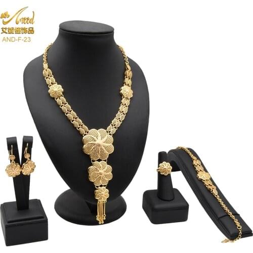 Gold Necklaces & Earrings Set Indian Bracelet For Women Dubai 24K India Nigeria Wedding Gifts African Bangles Fine Jewelry Sets