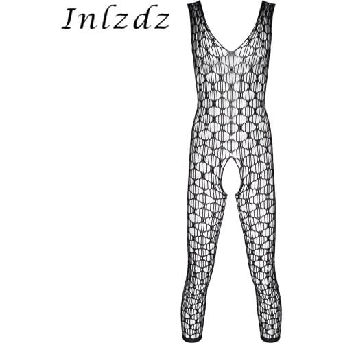 Black Mens Erotic Hot Sexy Hollow Out Fishnet Body Stocking Nightwear Stretchy See-through Bodysuit Sissy Lingerie Sleepwear