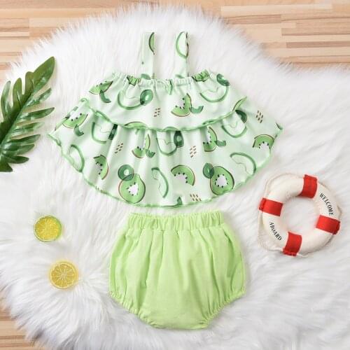 Baby Girls 2Pcs Summer Outfits Cartoon Print Sleeveless Ruffle Tank Tops + Bloomers Clothes Set