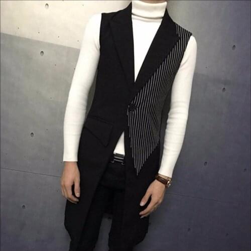 M-4xl Autumn New Fashion Medium-long Men Vest Outerwear Slim Vest Stripe Stitching Sleeveless Vest Hairstylist Singer Costumes