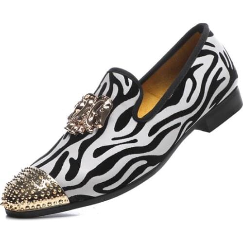Men Wedding Shoes Gold Horse Buckle And Zebra Print Leather Loafers Fashionable Nightclub Party Shoes