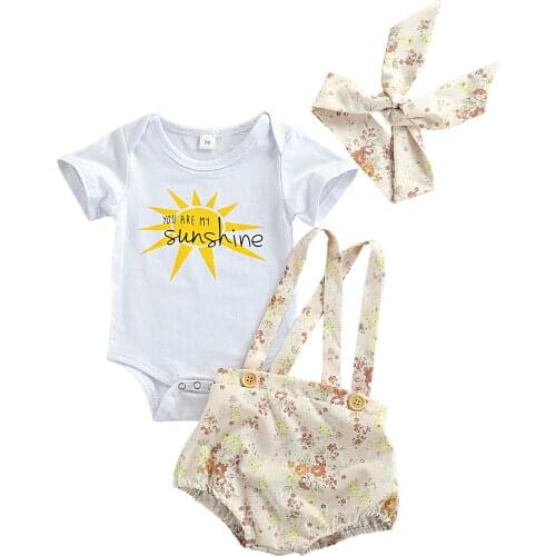 OPPERIAYA 3Pc Baby Girls Outfit Toddler Summer Creative Sun Letters Short Sleeve Bodysuit Floral Print Suspender Shorts Headwear