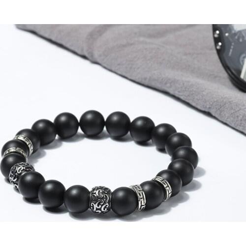 Wholesale 10mm natural black onyx beads bracelet mens stainless steel metal bracelets Jewelry 2019 50pcs/lot+free shipping