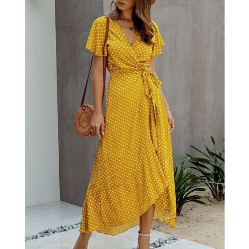 Puloru Summer Casual Women Short Sleeve Maxi Beach Dress Flowers/Dots V-Neck High Waist Tied Up Ruffles Dress Flare A-Line