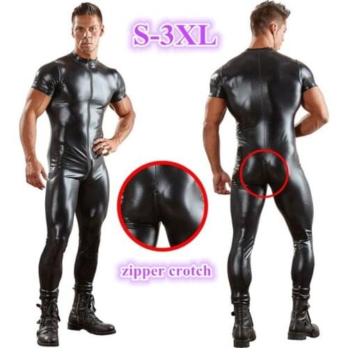 Sexy Leather Bodysuit Black Hot Exotic Apparel For Man Long Pants Short Sleeve Catsuit Crotchless Latex Bodysuit Gay Men Costume