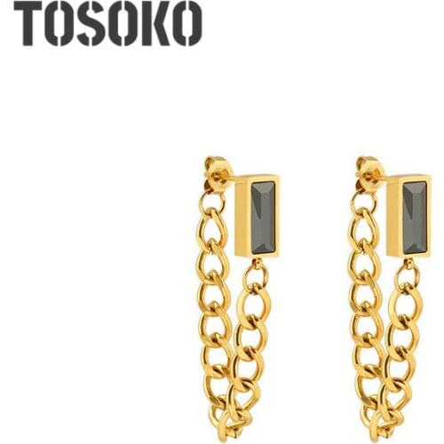 TOSOKO Stainless Steel Jewelry Green Square Diamond Tassel Zircon Chain Earrings Womens Fashion Earrings BSF400