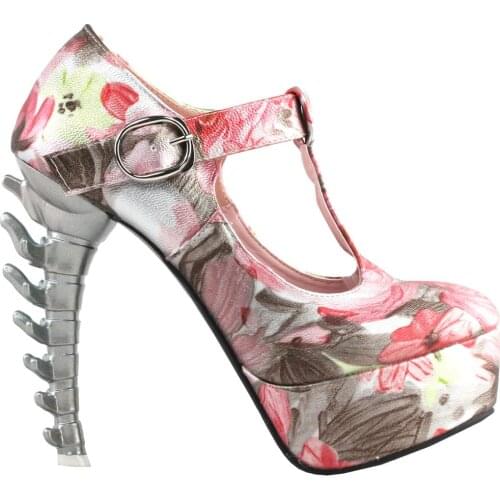 LF80703 SHOW STORY Retro T-Bar Floral Print Buckle Mary-Jane Gladiator Platform Bone Heels Pumps