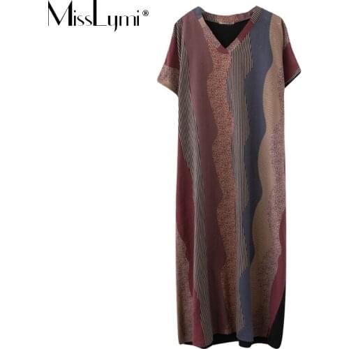MissLymi Vintage Brown Vertical stripes Patchwork Cotton Linen Maxi Dress 2021 Fashion V-neck Casual Loose Oversized Beach Dress
