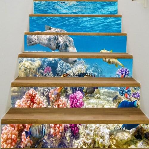 Blue Sea Waterproof Self-adhesive PVC 6/13pcs Staircase Sticker for Bathroom Kitchen Stair Sticker Stairway Decor Bookcase Scape