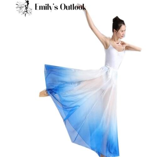 Chinese Ethnic Classical Modern Dance Tencel Training Skirt Gradient Elegant Performance Swing Skirt Wrap Design White Blue
