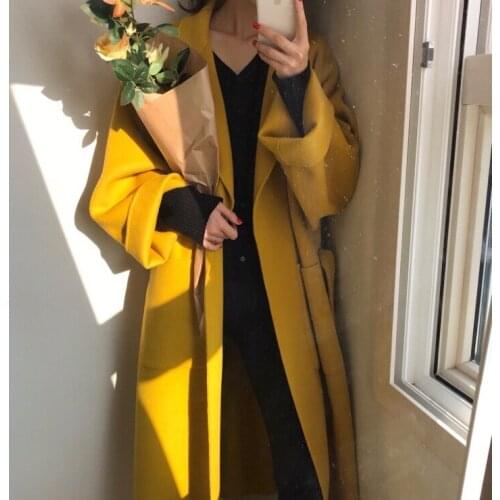 Women Winter Lapel Wool Jacket Woolen Long Coat Cardigan Elegant Warm Loose Bandage Outwear with Pocket Black Yellow Plus Size