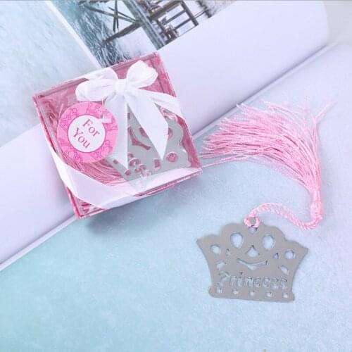 12PCS Silver Princess Crown Bookmark With Pink Tassels Baby Girl Shower Favors Birthday Souvenir Newborn Baptism Christening