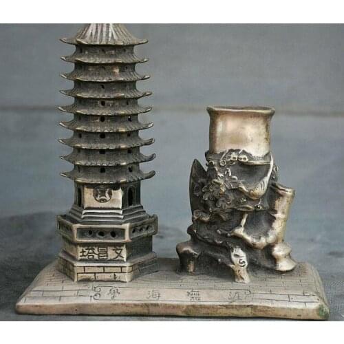 7.6" Marked Old China Silver Dynasty wenchang Tower Flower Brush Pot Statue
