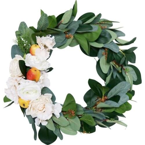 Artificial Apple Rose Flower Eucalyptus Wreath Thanksgiving Wreath for Front Door Wall Window Wedding Party Decoration