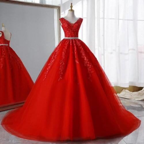 Red Lace Wedding Dress 2021 Sexy V-neck Backless Bridal Dress With Luxury 50cm Train Ball Gown Customize Vestido De Noiva