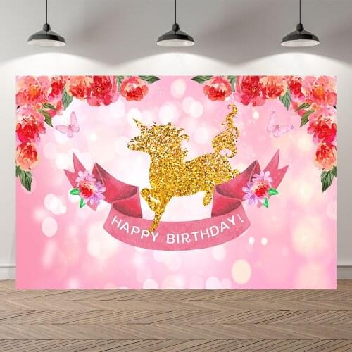 NeoBack Golden Unicorn Red Rose Pink Bokeh Glitter Photo Backdrop Birthday Photography Background for Children Party Decorations