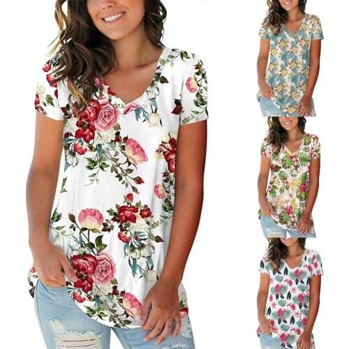 Newest Summer Women T-shirt Elegant Floral Print V Neck Ladies T-Shirts Loose Short Sleeve Plus Size Tops Casual