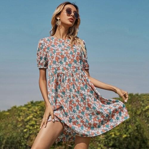 Ladies Sexy Short Floral Print Women Summer Dress O Neck A-Line Casual Holiday Beach Mini Dress Women Sundress Female Vestidos