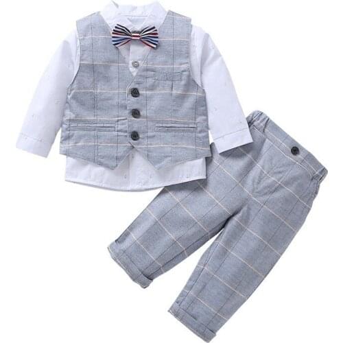 1-5 Years Kids Clothes Boys Suit Set Spring Autumn New Dress Vest Long-sleeve Trousers 3 Pieces Baby Male Plaid Gentleman Dress