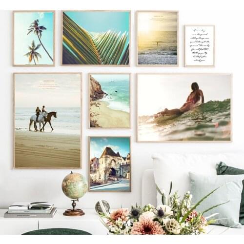 Palm Leaf Tree Sea Castle Surfing Girl Wall Art Canvas Painting Nordic Posters And Prints Wall Pictures For Living Room Decor