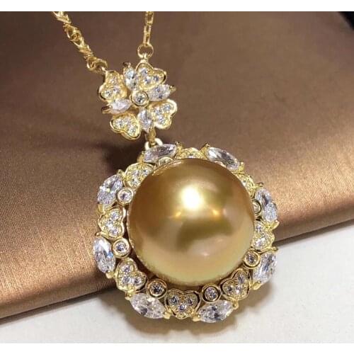 D113 Fine Jewelry 925 Sterling Silver Natural Ocean Golden Pearl 12-13mm Pendant Necklaces for Women FIne Pearls Pendants