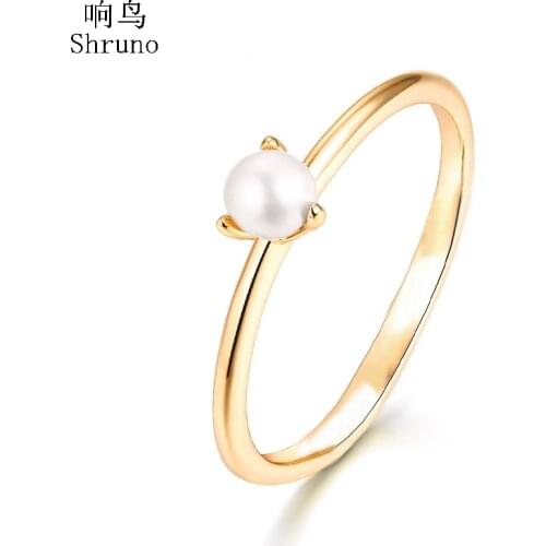 Shruno Solid 14K Yellow Gold Round 100% Genuine Freshwater Pearl Engagement Ring Women Wedding Party Trendy Fine Jewelry Gift