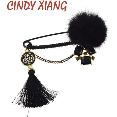 CINDY XIANG Enamel Camellia Long Tassel Puffer Ball Brooches For Women Black Pin Brooch Personalized Winter Jewelry Gift