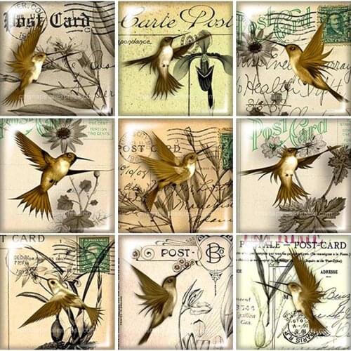 Beauty Birds Hummingbird Square glass cabochon 10pcs mixed 12mm/20mm/25mm/30mm Size flat back DIY Jewelry Findings FB0040