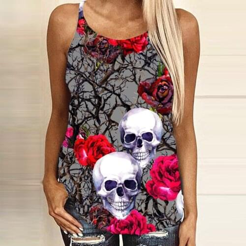 Womens Summer Tank Top Gothic Skull And Rose Printed Y2k Tops Cross Strap Hollow Out Backless Halter Tank Top Poleras Mujer