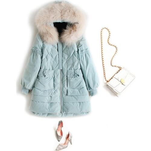 Women newest hooded long duck down jacket with big fur collar fashion warm thickened coat lady Europe and America down clothes