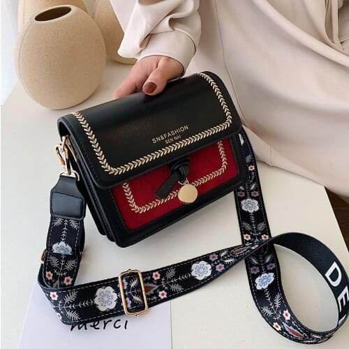 Bohemian Flower Wide Strap Women Shoulder Crossbody Bag Bags PU Leather Small Flap Womens Handbags Purses free shipping