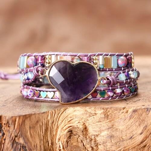 Heart Purple Stones Women Handmade Triple Wrap Bracelets Female Love Friendship Jewelry